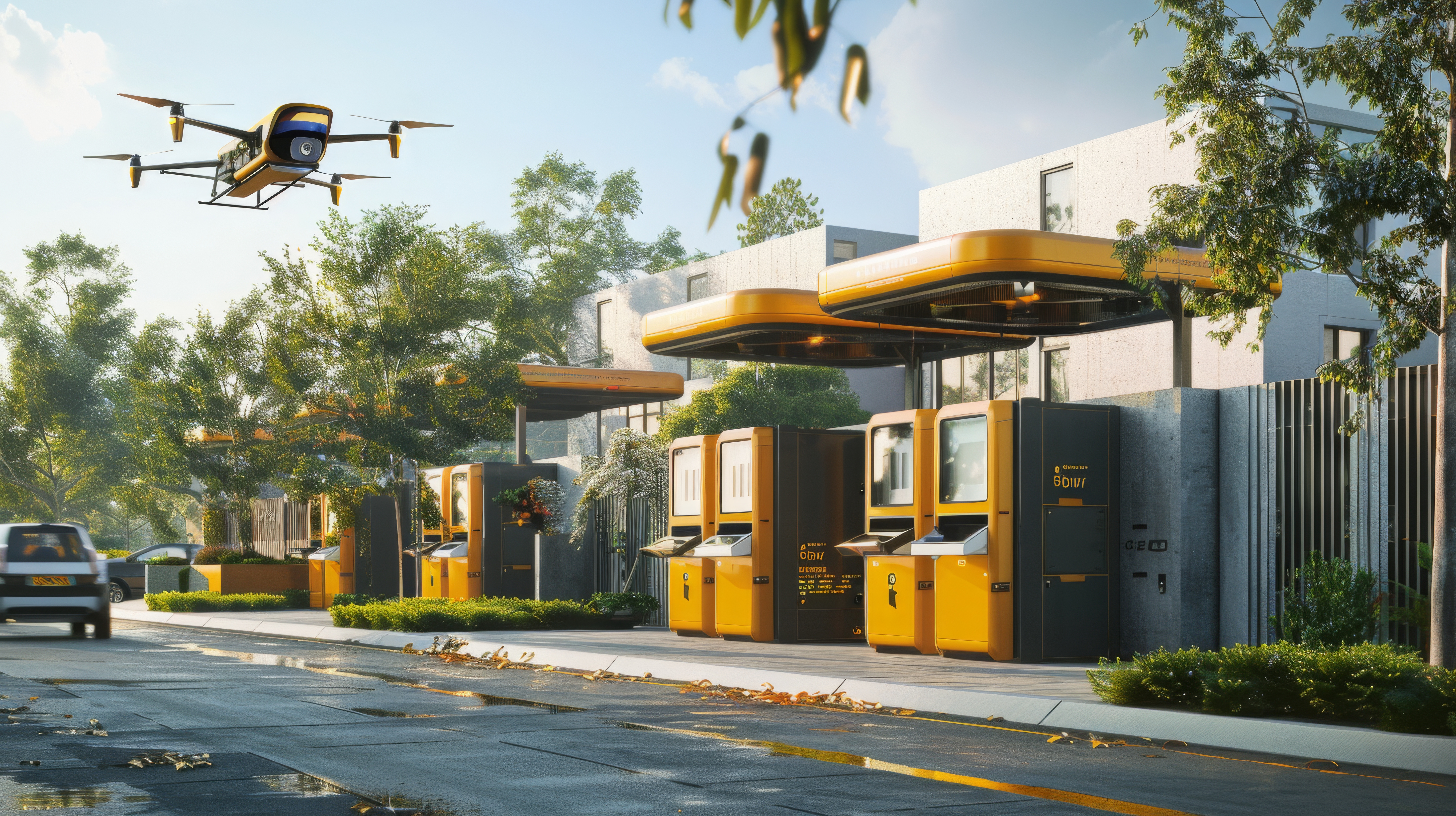 Ecossistema logístico futurista com drones, veículos autônomos e smart lockers